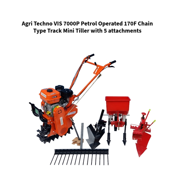 Agri-Techno-VIS-7000P-Petrol-Operated-170F-Chain-Type-Track-Mini-Tiller-with-5-attachments